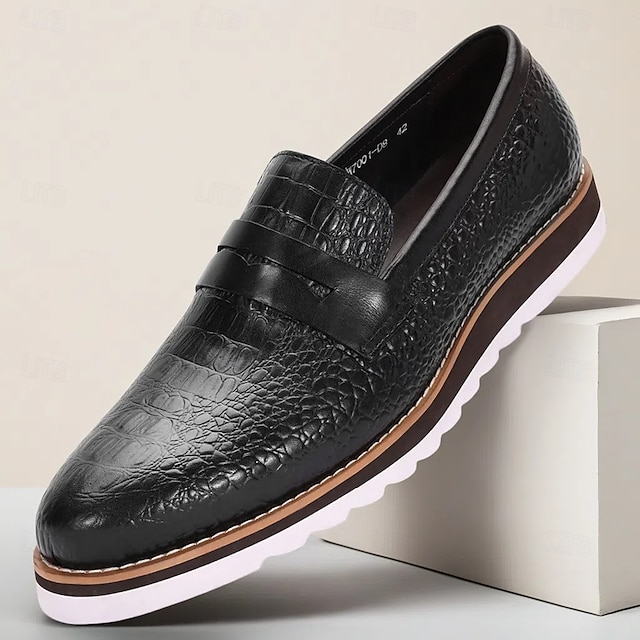  Herren-Loafer und Slipper aus echtem Rindsleder in Schwarz mit Krokoprägung – bequeme Freizeitschuhe für den Alltag und auf Reisen
