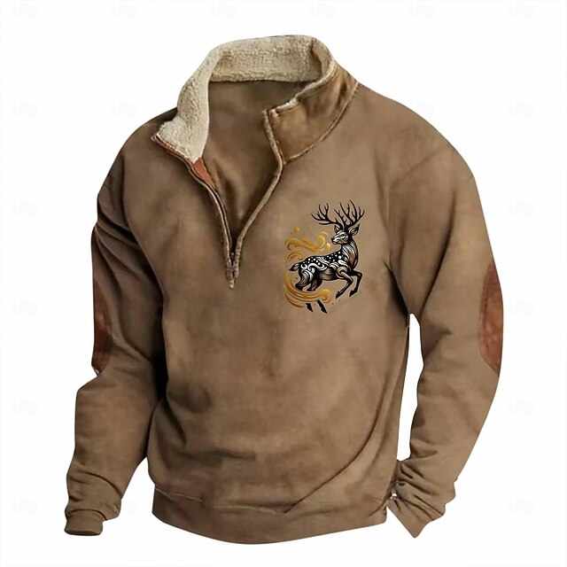 Men's Sweatshirt Quarter Zip Sweatshirt Black Brown Gray Half Zip Color Block Reindeer Half Zip Print Sports & Outdoor Daily Holiday Polyester Vintage Streetwear Casual Fall & Winter Clothing Apparel4