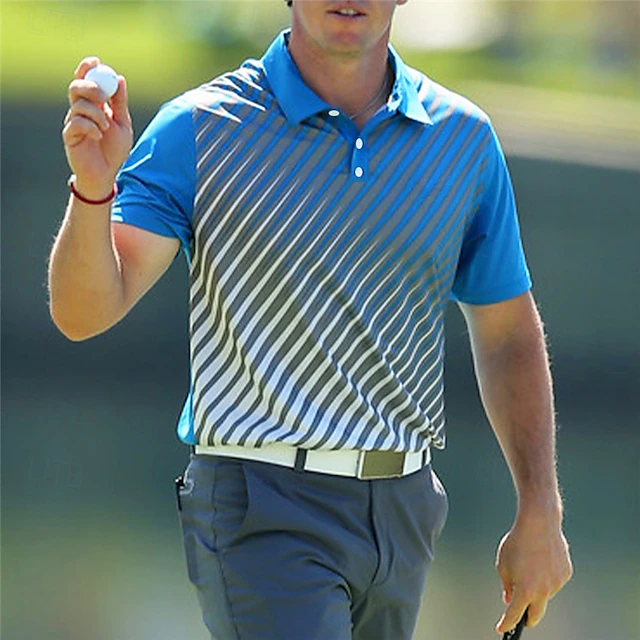 Men's Striped Sports Polo Shirts Golf Shirt Short Sleeve Polo Shirts Collared Shirts Casual Sportswear Vacation Wear Buttons 3D Print Lake blue Black Yellow 16