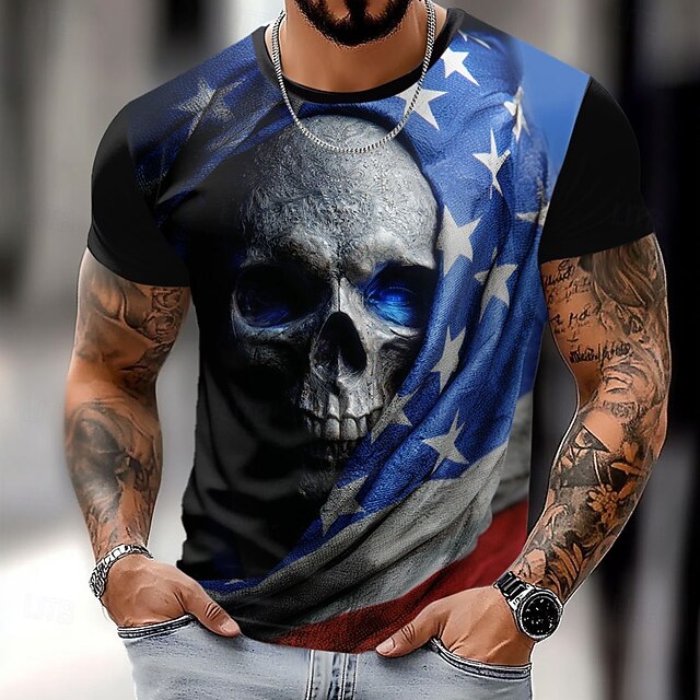 Patriotic T Shirts For Men American US Flag T shirt Short Sleeve T shirt 3D Print Crew Neck Shirt Retro Vintage Casual Street Casual Bar Black White Dark Blue Spring & Summer Clothing Apparel S M L4