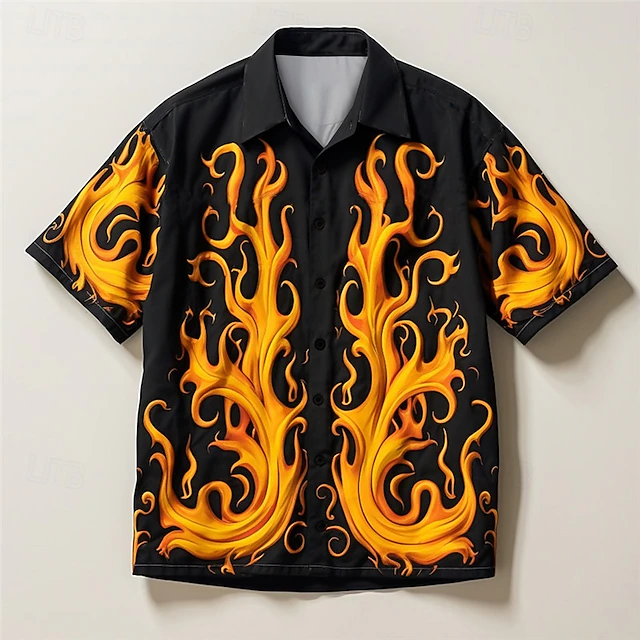 Men's Flame Shirt Button Up Shirt Short Sleeve Casual Daily Wear Going out Weekend Autumn / Fall Turndown Print Button-Down Yellow Purple Green 6