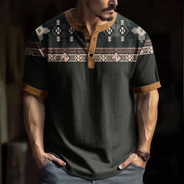 Men's Geometric Ethnic T Shirt Henley Shirt Short Sleeve Designer Retro Vintage Casual Street Casual Daily Summer Spring Black Henley Henley T-Shirt2