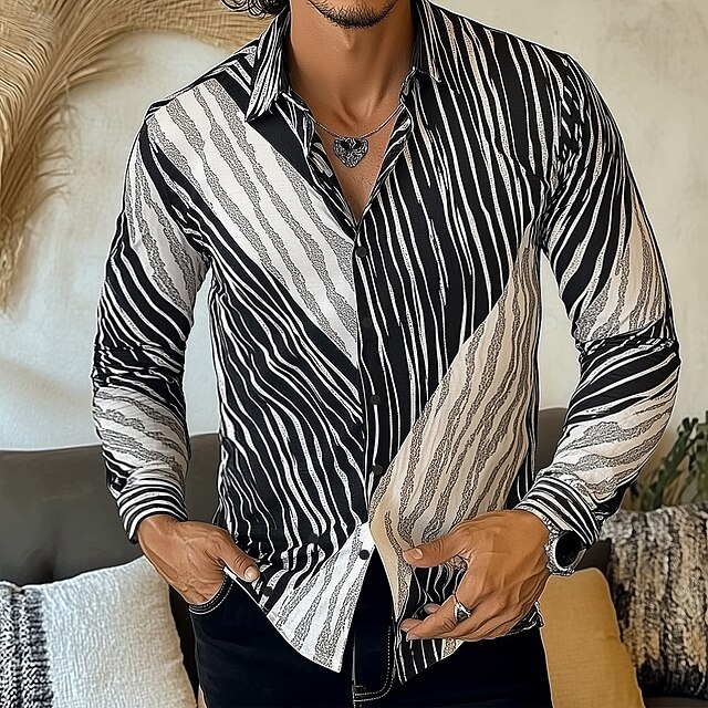 Men's Geometric Striped Shirt Button Up Shirt Casual Dress Shirt Long Sleeve Fashion Casual Vacation Daily Streetwear Summer Spring Turndown 3D Print Collared Shirts Black4