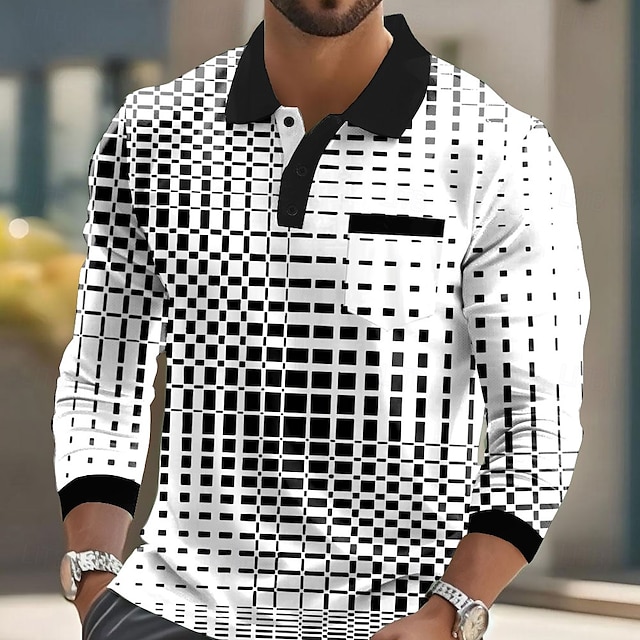  Homme Géométrique Polo manche longue Polos Chemises à Col Vêtement décontracté de travaile Affaires Athleisure Tenue quotidienne Boutons Avec Poches Impression 3D Printemps Automne Hiver Noir Bleu