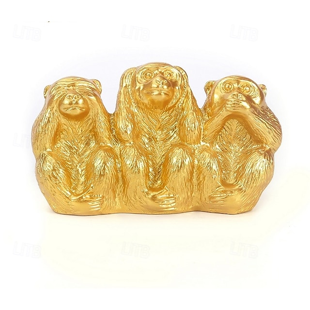  Three Wise Monkeys Figurine Gold Resin Feng Shui Decor, See No Evil Hear No Evil Speak No Evil Statue for Home Office Shelf Decoration