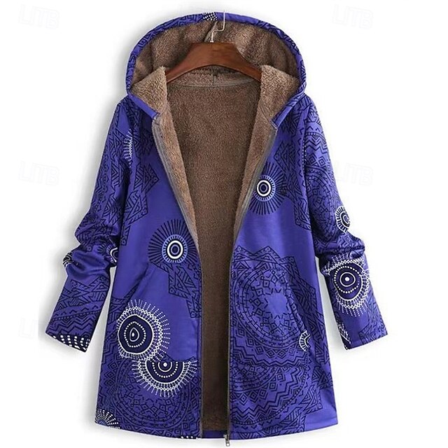 Women's Fleece Jacket Coat Hoodie Jacket Warm Comfortable Zipper Pocket Fashion Modern Casual Geometric Going out Weekend Zipper Regular Hooded Regular Fit Long Sleeve Outerwear Blue Winter4
