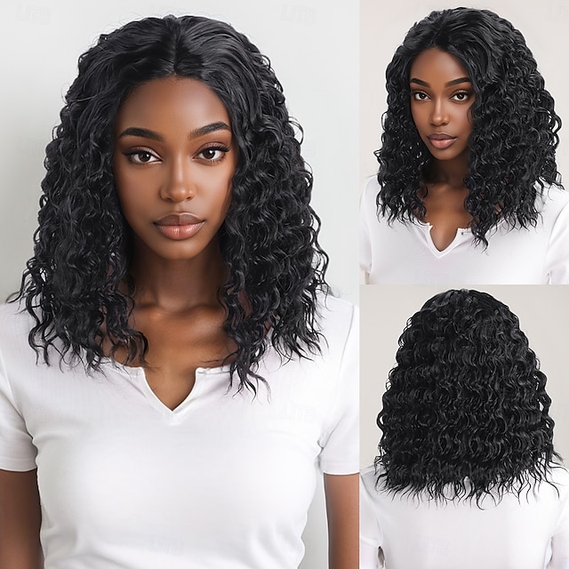  Perruque Synthétique Ondulé Afro Bouclé Coupe Asymétrique Avec frange Fabriqué à la Machine Perruque 14 pouces A1 Cheveux synthétiques Femmes Classique Confortable Dégradé de couleur Noir