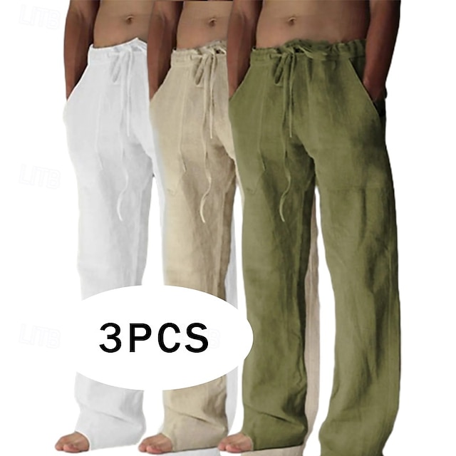  Homens Calças de linho Calças Calça verão Calças largas Calças de praia Bolsos Com Cordão Tecido Conforto Respirável Comprimento total Ioga Casual Diário Férias Estilo Clássico Khaki + Branco + Cinza