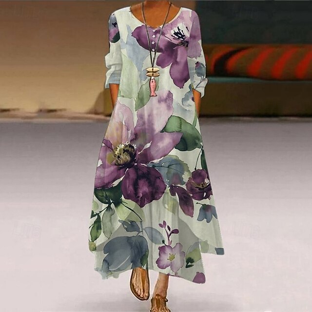 Women's Long Dress Maxi Dress Casual Dress Print Dress Elegant Fashion Classic Outdoor Vacation Holiday Regular Fit Flower Long Sleeve V Neck Purple Spring Fall4