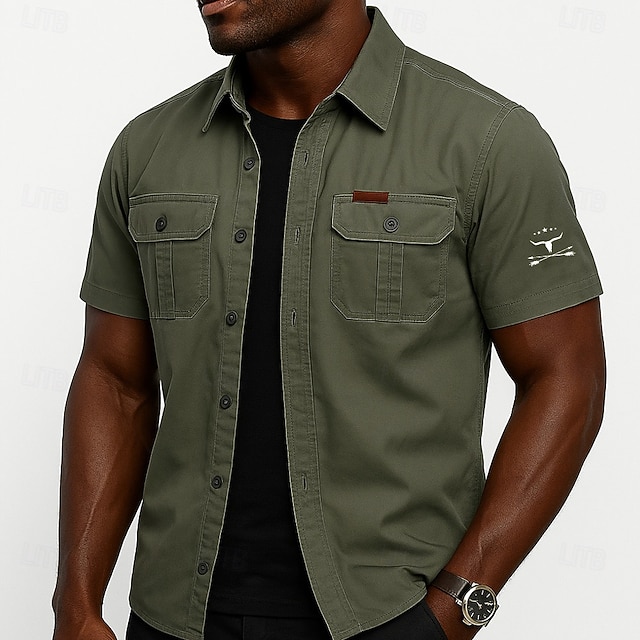  Voor heren Koe afdrukken Werkhemden Westers overhemd Cargoshirt Korte mouw Casual Tactisch Buitensporten Uitgaan Zomer Lente Strijkijzer Grafisch Katoenen overhemden met knoopjes Leger Groen Khaki