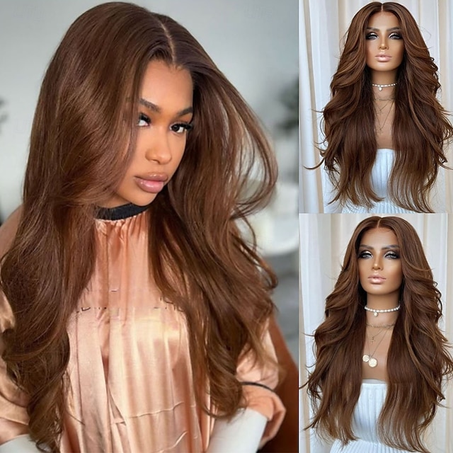  Remy mensenhaar 5x5 Sluiting 4x13 Sluiting Pruik Gratis deel Braziliaans haar Golvend Bruin Pruik 130% 150% Haardichtheid met babyhaar 100% Maagd lijmloze Pre-geplukt Voor Dames Lang Kanten pruiken