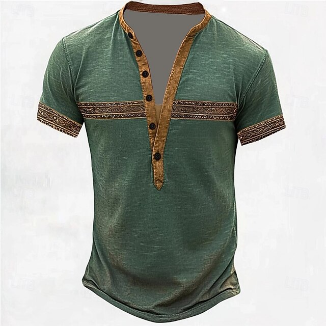 Men's Tribal Ethnic T Shirt Henley Shirt Tee Short Sleeve Designer Basic Ethnic Outdoor Casual Daily Summer All Seasons Green Henley Henley T-Shirt4