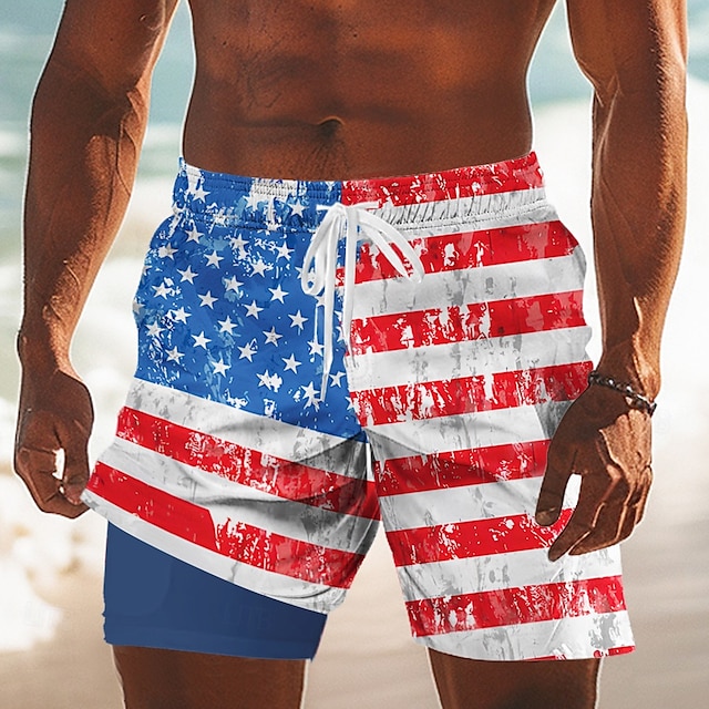  Independence Day Men's US Flag Patriotic Fourth of July Lined Shorts 2 in 1 Board Shorts Swim Trunks Mid Waist Holiday Side Pockets With Compression Liner Elastic Drawstring Waist Designer Clothing