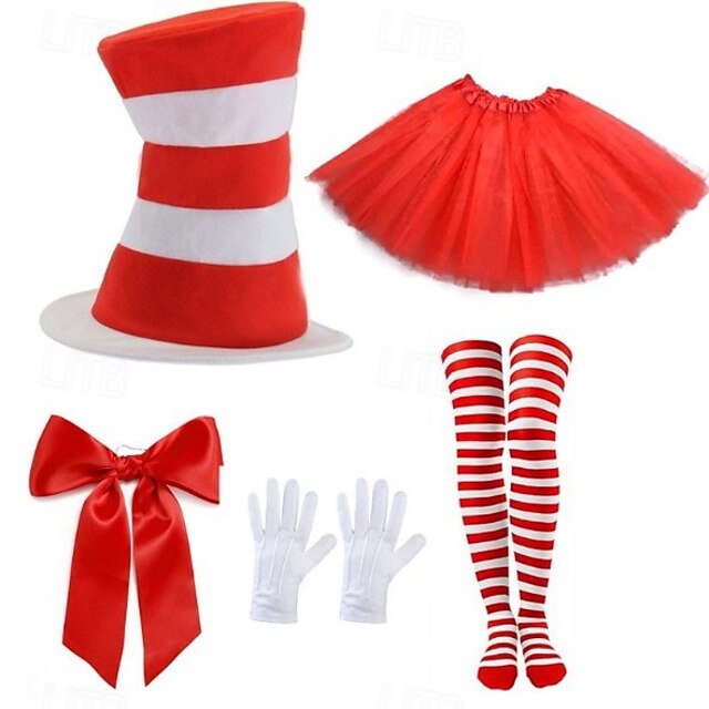 The Cat in the Hat Tutu Accessories Set Tall Hat Storybook Characters Movie Cosplay for Unisex Adults' Halloween Carnival World Book Day Performance Educational Dress Up4