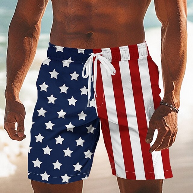  アメリカ独立記念日 男性用 米国旗 愛国 7月4日 スイムトランク スイムショーツ ボードショーツ ミディアムウエスト ハワイアン 祝日 サイドポケット メッシュライニング 伸縮性のあるドローストリングウエスト デザイナー 衣類