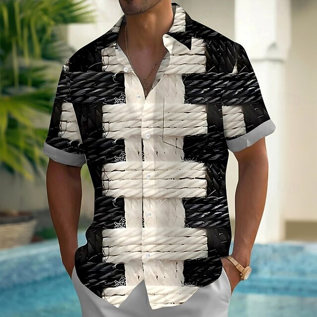 Men's Color Block Hemp Rope Shirt Summer Shirt Button Up Shirt Short Sleeve Fashion Casual Outdoor Vacation Dailywear Summer Spring Turndown 3D Print Collared Shirts Front One Pocket Black4