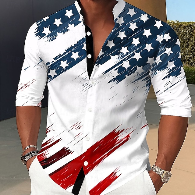  Independence Day Men's US Flag Patriotic Fourth of July Shirt Stand Collar Shirt Casual Dress Shirt Long Sleeve Casual Holiday Summer Spring Mandarin Collar Band Collar 3D Print Button Up Shirts