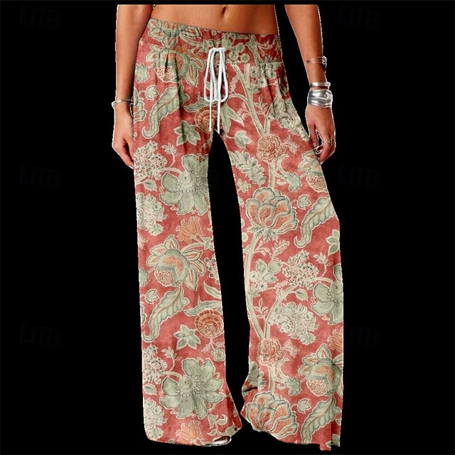 Women's Wide Leg Pants Trousers Palazzo Pants Fashion Streetwear Full Length High Waist Flower Elastic Waist Drawstring Print Breathability Comfortable Micro-elastic Street Daily Wear Going out Red4