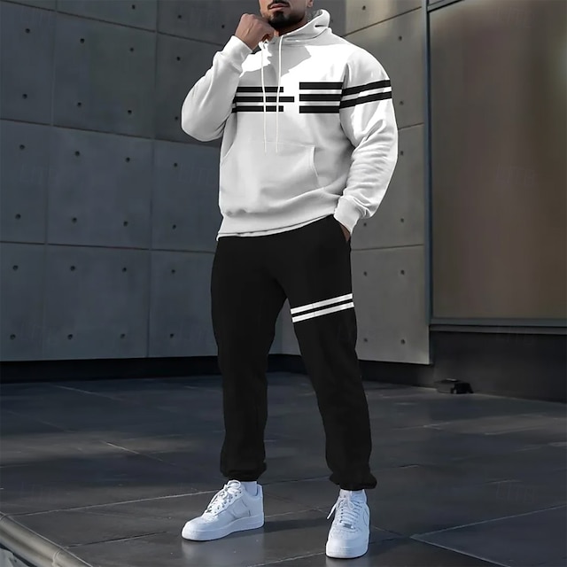  Men's Color Block Striped 2pcs 3D Sweatshirt Sets Tracksuit Hoodie Sweatshirt Long Sleeve Long pants Hooded Sporty Casual Daily Athleisure 3D Print Spring Fall Winter White