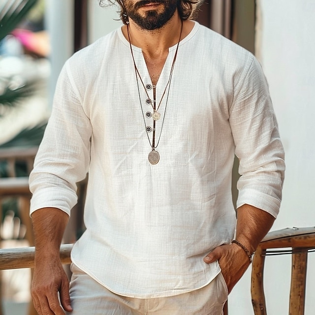  Voor heren Overhemd Linnen overhemd Zomer overhemd Strand hemd Effen Kleur Vakantie Casual Zwart Wit blauw Groen Lange mouw Henley Zomer Lente Kleding