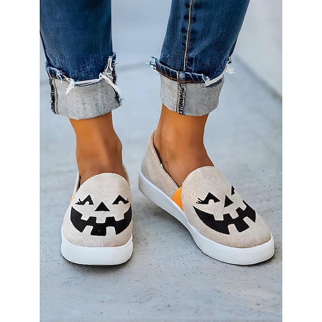  Naisten Lenkkitossut Slip-Onit Tulosta kengät Canvaskengät Slip-on-lenkkarit Halloween Eläinkuvioinen 3D Tasapohja Pyöreä kärkinen Vapaa-aika Kävely Kangas Loaferit Musta / valkoinen Musta ja oranssi