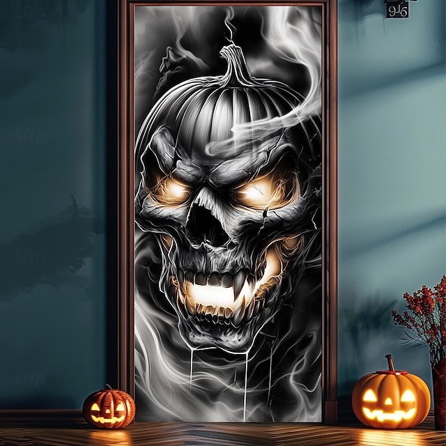  Halloween Dörröverdrag Flamma Skalle Högar Dörrtapestry Dörrgardin Dekoration Bakgrund Dörrbanner för Framsidan Bondgård Högtidsfest Inomhus Utomhus Dekorationsmaterial