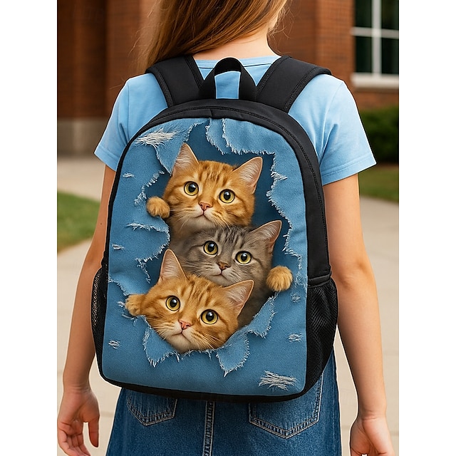  Zaino con stampa di gatto per bambini e adolescenti - stile denim, design a doppio strato, grande capacità, adatto per la scuola o i viaggi