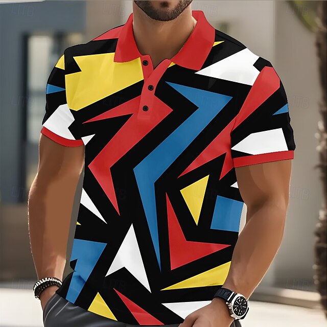 Men's Abstract Geometry Polo Short Sleeve Polo Shirts Collared Shirts Casual Athleisure Daily Wear Buttons Summer Red4
