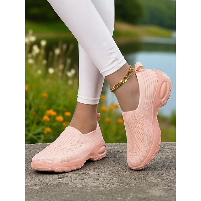  Baskets de marche Flyknit roses pour femmes – Chaussures de sport légères et respirantes pour le fitness, la course à pied, les promenades au parc et les courses