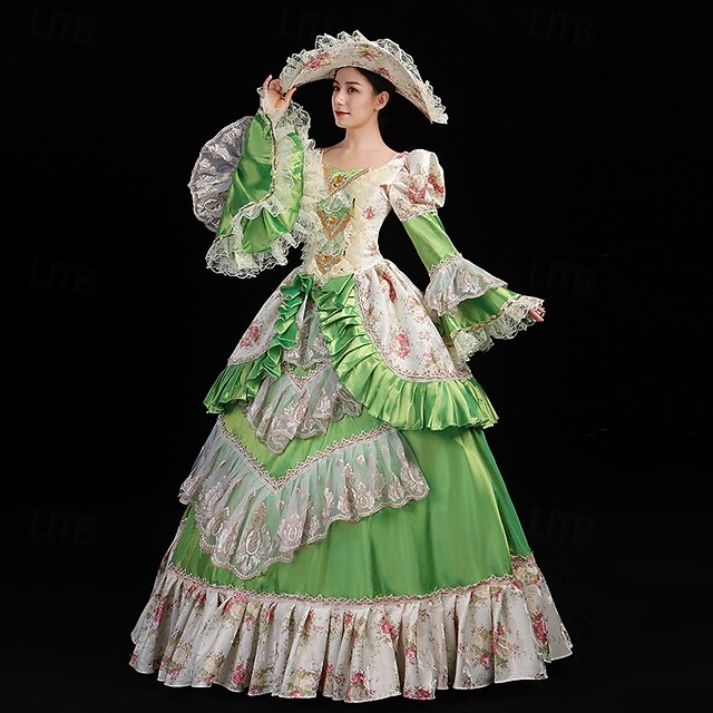  Årgang Rokoko Renæssance Maxi Kjoler Normal Juliet ærme Prinsesse Brud Flettet Flæset Prinsesse Rund hals Udklædning Dame Halloween Karneval Maskerade Ydeevne Fest Halloween Voksen Alle årstider