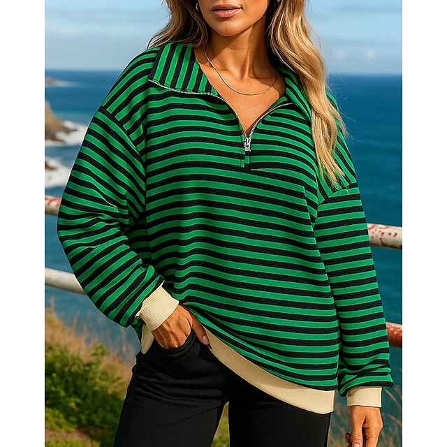  Dames Pullover Sweatshirt Casual topjes Kwart rits Mode Lange mouw Kleding Bovenlichaam Sportkleding Herfst Winddicht Wandelen Training Hardlopen Sportkleding Sportkleding Gestreept Blozend Roze Rood