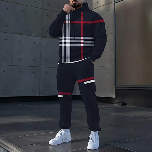 Men's Plaid Color Block 2pcs 3D Sweatshirt Sets Tracksuit Hoodie Sweatshirt Long Sleeve Long pants Hooded Casual Daily Athleisure 3D Print Spring Fall Winter Black4