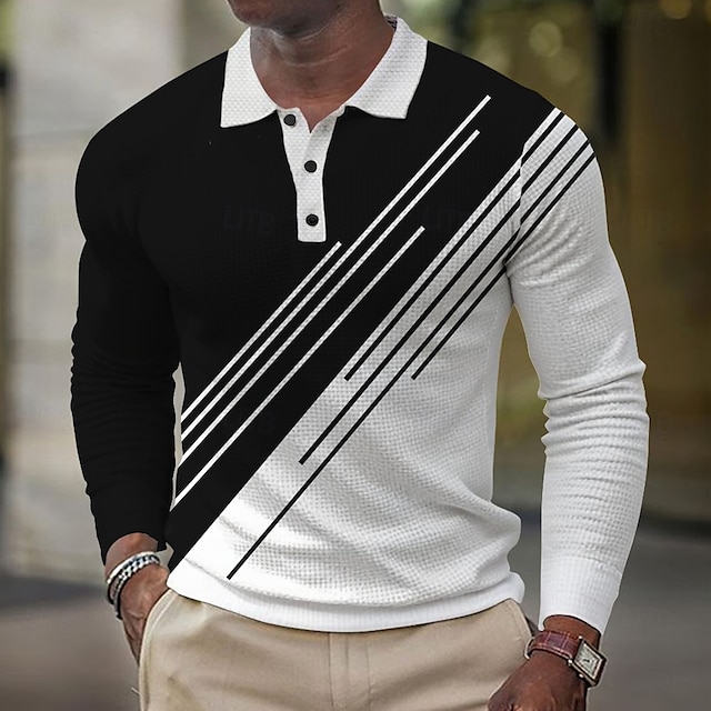  Homme Géométrique Ligne Chemises Polo Gaufre manche longue Polos Chemises à Col Vêtement décontracté de travaile Affaires Tenue de travail Tenue quotidienne Boutons Printemps Automne Hiver Noir Bleu