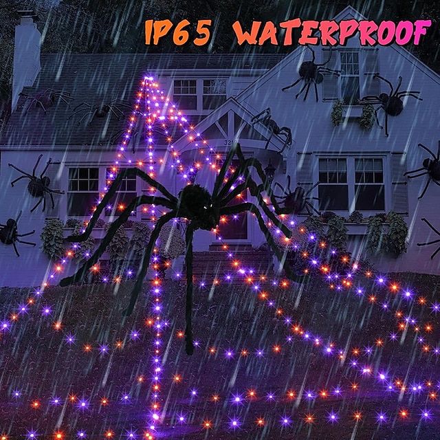  1 peça de lâmpada triangular luminosa de Halloween de 5m * 4,8m, roxa, laranja, aaa, à prova d'água, com caixa de bateria, controle remoto, 250 contas de LED, luzes de decoração para pátio interno e