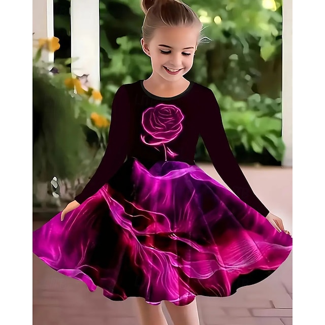  ragazze' 3D Fiore Abito Manica Lunga Estate Primavera Vacanza Quotidiano Ferie Principessa Bello Dolce Bambini 4-12 Anni Vestito Casual Abito a trapezio Lunghezza al ginocchio Vestibilità regolare