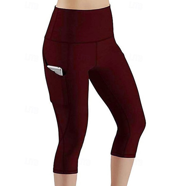  Naisten Caprileggingsit Jooga leggingsit Taskut Vatsatuki Korka vyötärö Kuntosali Urheilu Pilates Alaosat Musta Armeijan vihreä Burgundi Syksy Urheilu Urheiluvaatteet Tiukka istuvuus