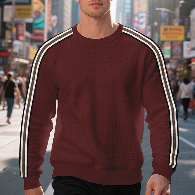  Men's Sweatshirt Black Wine Navy Blue Dark Green Khaki Crew Neck Striped Ribbed Textured Knit-texture Sports & Outdoor Daily Holiday Polyester Streetwear Basic Casual Spring Fall Clothing Apparel