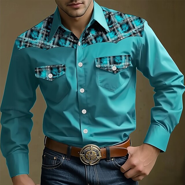 Men's Geometric Grid / Plaid Western Shirt Button Up Shirt Cowboy Shirt Long Sleeve Western Vintage Retro Outdoor Casual Summer Spring Fall Turndown Collared Shirts Front Two Pockets Blue4