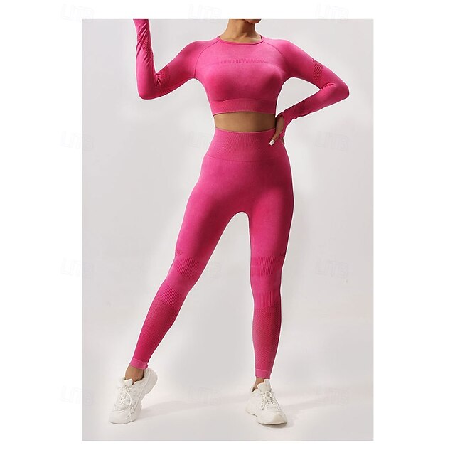  Dam 2 delar Yogatröja Loungekläder Höst Ensfärgat Träningsdräkter ArmyGreen Svart Gymträning Hög midja Stretch Andningsfunktion Långärmad Sport Sportkläder Smal