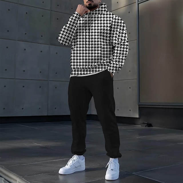  Men's Color Block Houndstooth 2pcs 3D Sweatshirt Sets Tracksuit Hoodie Sweatshirt Long Sleeve Long pants Hooded Casual Daily Athleisure 3D Print Spring Fall Winter Black