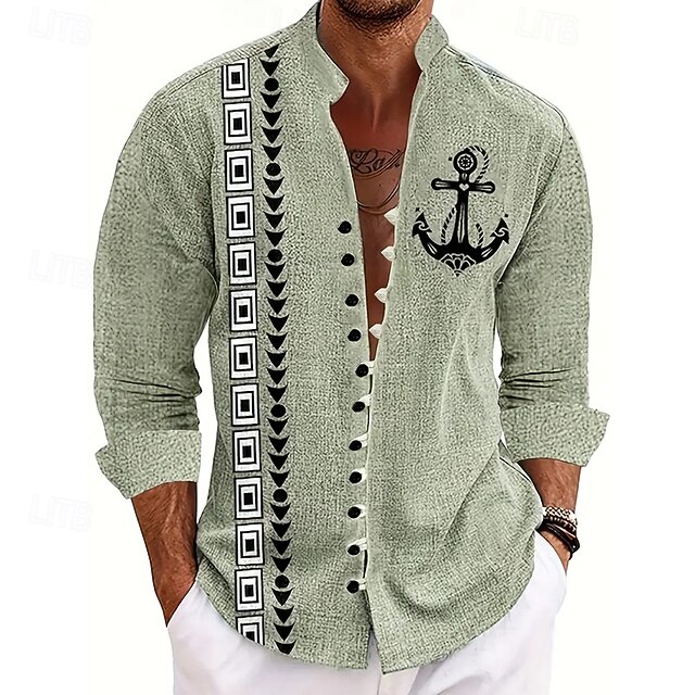 Men's Geometric Anchor Shirt Stand Collar Shirt Long Sleeve Vintage Retro Vacation Daily Wear Going out Spring Fall Mandarin Collar Band Collar Button-Down Linen Like Shirt Light Green4