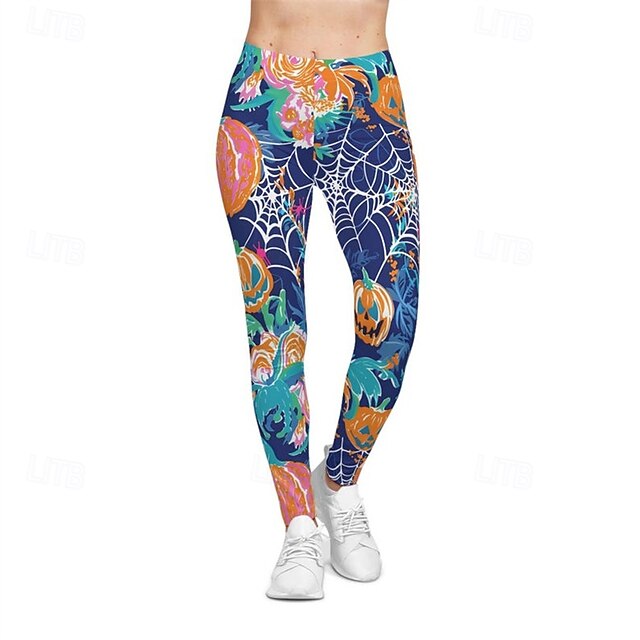Women's Pants Trousers Leggings Streetwear Casual Full Length High WaistPantsHalloween Pumpkin Elastic Waist Print Breathability Comfortable Stretchy Vacation Street Daily Wear Blue Spring Fall4
