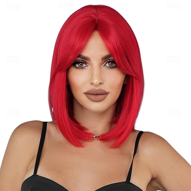  Perruque courte et lisse rouge avec frange rideau, perruque synthétique résistante à la chaleur de 14 pouces pour femmes, perruque de fête de cosplay d'Halloween pour un usage quotidien
