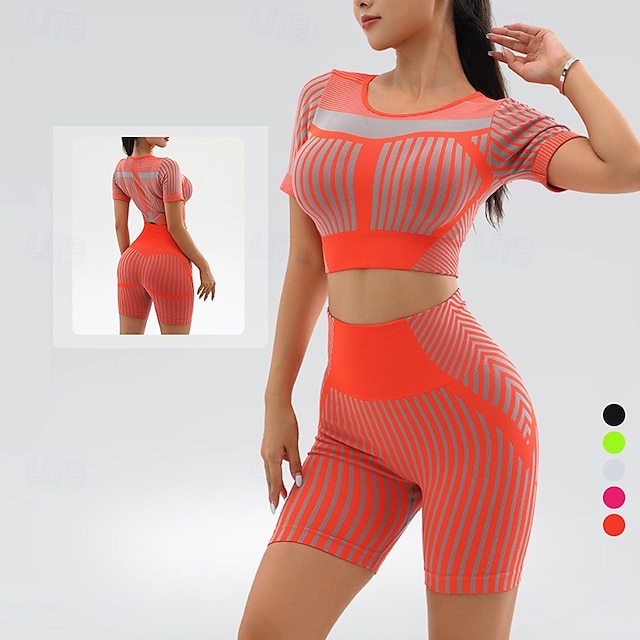  Dame 2 Dele Scrunch Yoga Romper Træningsjumpsuits Shorts og Crop Top Stribe Tøjsæt Sort Hvid Gym Træning Volleybold Løb Høj Talje Strækkende Åndbart Sport Sportstøj Tætsiddende pasform