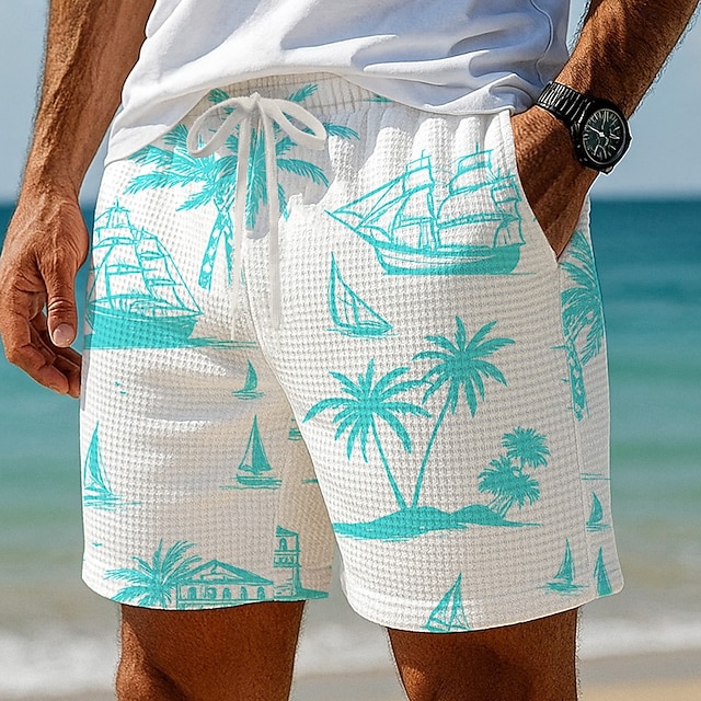  Herre Kokosnøttre Seilbåter Tropiske planter Vaffelshorts Svette shorts Casual shorts Medium Midje Hawaiisk Feriereise Jogging Trening Elastisk snøring i midjen Shorts med lommer Designer Klær