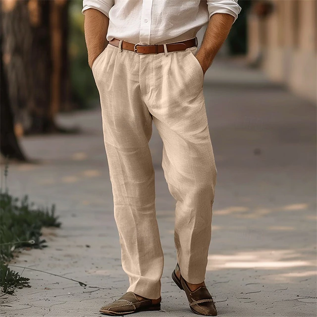 Men's Linen Pants Trousers Summer Pants Pleated Pants Dress Slacks Front Pocket Straight Leg Plain Comfort Breathable Full Length Casual Daily Holiday Fashion Basic Black White 11