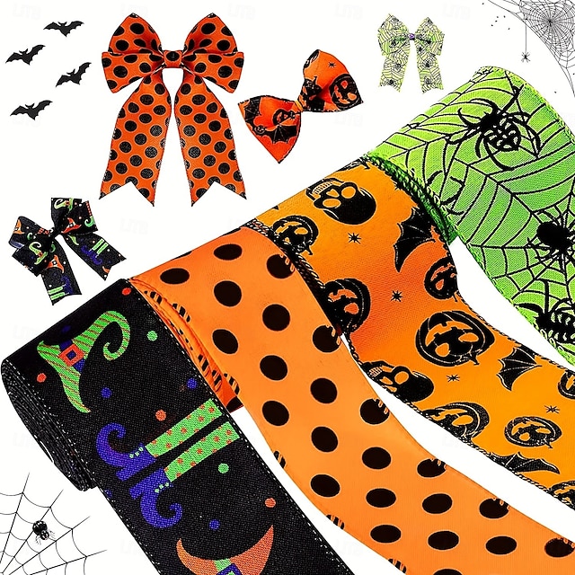  Nastro con bordo rinforzato per Halloween, 4 rotoli, nastro stampato a forma di pipistrello, ragno, zucca, gambe di strega, cappello, pois, nastri in grosgrain per Halloween, ghirlanda per la casa,