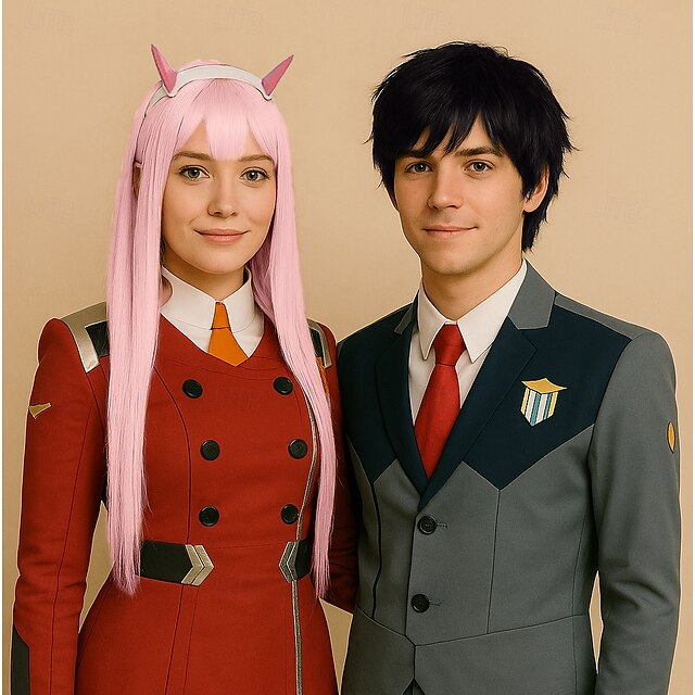  Perruque rose pastel longue et raide pour femme, cosplay anime Zero Two 02, avec corne, 99 cm