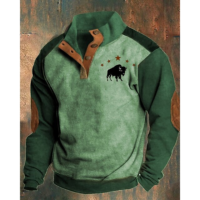 Men's Sweatshirt Brown Green Gray Polo Collar Color Block Cow Patchwork Print Sports & Outdoor Daily Holiday Polyester Vintage Streetwear Basic Spring Autumn / Fall Clothing Apparel Hoodies4
