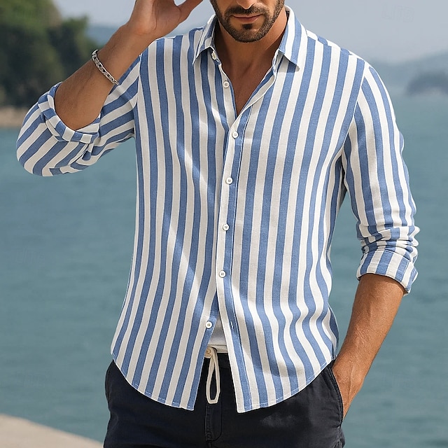  Voor heren Overhemd Linnen overhemd Zomer overhemd Strand Kleding Overhemd met knopen Verticale stroken Vakantie Curise Zwart Blozend Roze Rood blauw Lange mouw Strijkijzer Zomer Lente Kleding